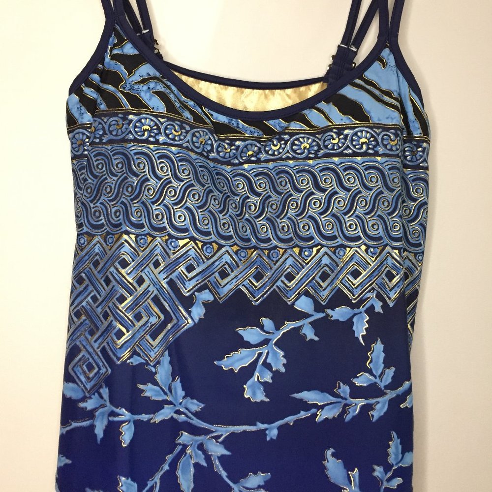 Travel Smith - Swim Top, Size 14, Metallic Gold Geometric designs & Blues